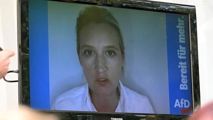 Alice Weidel, AfD-Bundesvorsitzende, in einer Videobotschaft bei einer Wahlkampf-Veranstaltung der AfD, unweit vom Deutsch-Deutschen Museum Mödlareuth. 