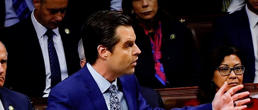 U.S. Rep. Matt Gaetz (R-FL) speaks on the floor of the U.S. House of Representatives in favor of his motion to vacate the chair of House Speaker Kevin McCarthy (R-CA) and ending McCarthy's continued leadership as Republican Speaker of the House, in this frame grab taken from live C-SPAN television footage broadcast from the U.S. Capitol in Washington, U.S. October 3, 2023. U.S. House of Representatives/C-SPAN/Handout via REUTERS  THIS IMAGE HAS BEEN SUPPLIED BY A THIRD PARTY.