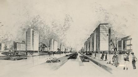 Die Stalinallee (heute Karl-Marx-Allee) von Westen nach Osten im Jahr 1959. 