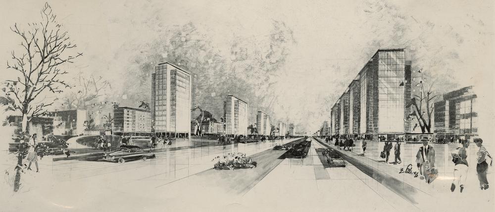 Die Stalinallee (heute Karl-Marx-Allee) von Westen nach Osten im Jahr 1959. 