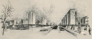 Die Stalinallee (heute Karl-Marx-Allee) von Westen nach Osten im Jahr 1959. 