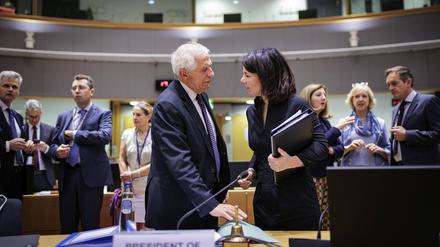 Borrell und Baerbock bei einer Sitzung im Juli: Die EU streitet über Hilfszahlungen an Palästina.