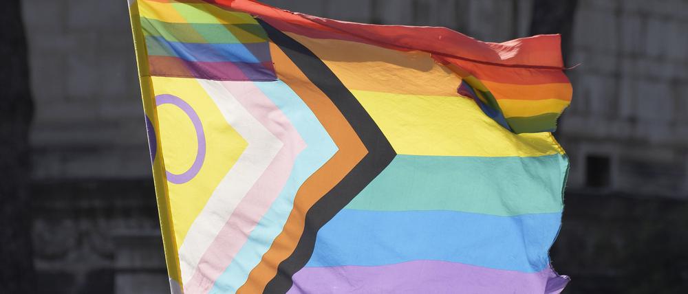 Progress Flagge, entworfen 2017 von dem*r nichtbinären Grafikdesigner*in Daniel Quasar