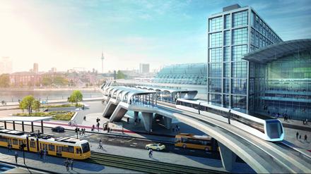 Berlin 2035? Eine Vision des Architekturbüros GRAFT für das Transport-System Bögl mit Magnetschwebetechnologie, hier am Hauptbahnhof. 
