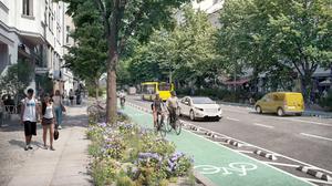 Eine Visualisierung zeigt den Umbau der Torstraße in der ursprünglichen Variante mit breiten Radwegen auf der Straße. Eine Option, die gestrichen ist.