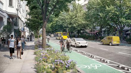 Die Visualisierung zeigt die Perspektive von der Gartenstraße Richtung Rosenthaler Platz. Torstraße Berlin-Mitte. 