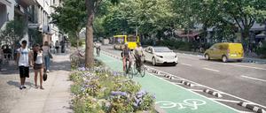Die Visualisierung zeigt die Perspektive von der Gartenstraße Richtung Rosenthaler Platz. Torstraße Berlin-Mitte. 