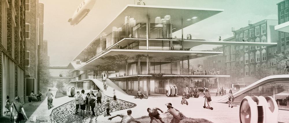 Der Berliner Architekt Max Schwitalla entwirft futuristische Wohnviertel, die durch fliegende Busse miteinander verbunden sind.