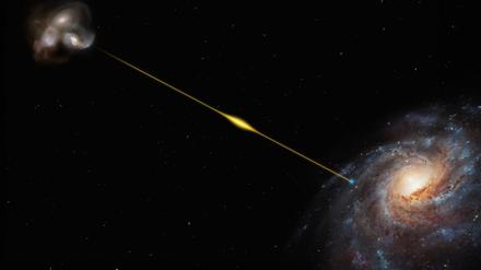 In dieser künstlerischen Darstellung sind drei creme- und rosafarbene Galaxien in der oberen linken Ecke durcheinander gewürfelt. Von dieser Gruppe zeigt ein leuchtend gelber Streifen nach rechts unten, wo er sich mit einem Punkt auf einem Spiralarm der Milchstraße kreuzt. Die Milchstraße mit ihrem strahlend weißen Zentrum und den blau-violetten Spiralarmen hebt sich von dem schwarzen Hintergrund ab, der schwach mit fernen Galaxien gesprenkelt ist. 