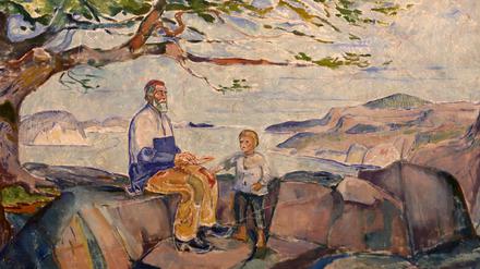 Munchs Allegorie auf die Geschichtswissenschaft zeigt einen blinden Fischer in einer Fjordlandschaft, der sein Wissen an einen Jungen weitergibt.
