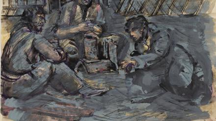 Der Künstler Leo Breuer floh aus Deutschland und wurde 1940 in das Internierungslager St. Cyprien deportiert. Die Zeichnung  zeigt eine Szene in St. Cyprien.