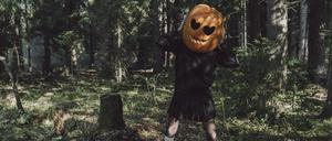 Woman wearing carved Jack O Lantern and standing in forest model released, Symbolfoto, VBUF00448 Kürbis Tanz Halloween