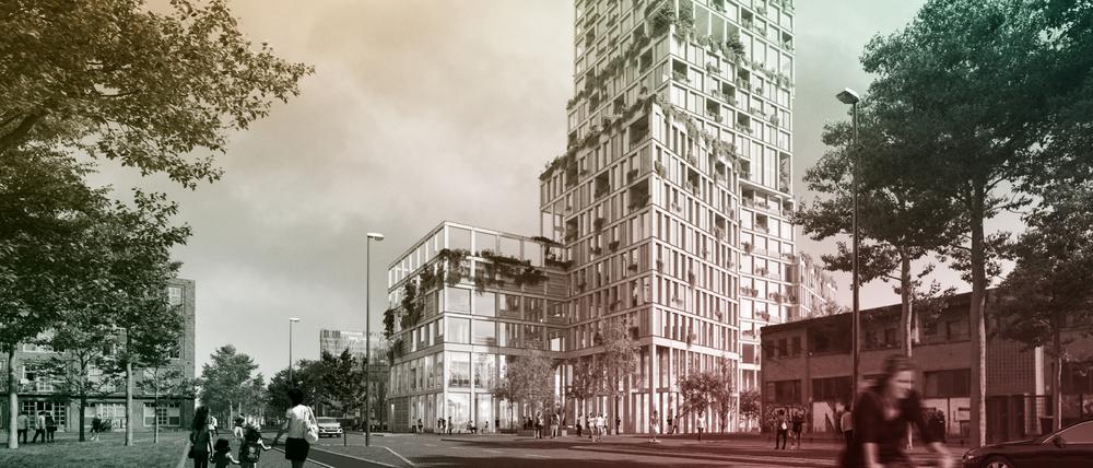 Das WoHo in Kreuzberg hat ein besonderes Konzept: Es soll bepflanzt sein, Platz für eine Kita, Gemeinschaftsgärten und Co. bieten.