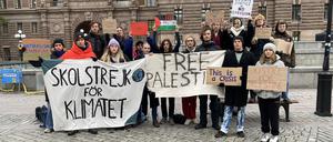 Greta Thunberg beim Protest vor dem schwedischen Parlament am 27. Oktober 2023 in Stockholm, Schweden.