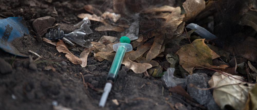 06.11.2018, Berlin: Spritzen liegen während einer Senats-Besichtigung des Anita-Berber-Parks an der Hermannstraße im Laub. Der vor etwa einem Jahr eröffnete Park gilt als Drogenumschlagplatz. Foto: Soeren Stache/dpa +++ dpa-Bildfunk +++