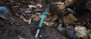 06.11.2018, Berlin: Spritzen liegen während einer Senats-Besichtigung des Anita-Berber-Parks an der Hermannstraße im Laub. Der vor etwa einem Jahr eröffnete Park gilt als Drogenumschlagplatz. Foto: Soeren Stache/dpa +++ dpa-Bildfunk +++