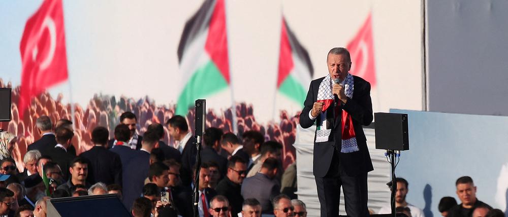 Turkish President Tayyip Erdogan speaks during a rally in solidarity with Palestinians in Gaza, amid the ongoing conflict between Israel and the Palestinian Islamist group Hamas, in Istanbul, Turkey October 28, 2023. REUTERS/Dilara Senkaya