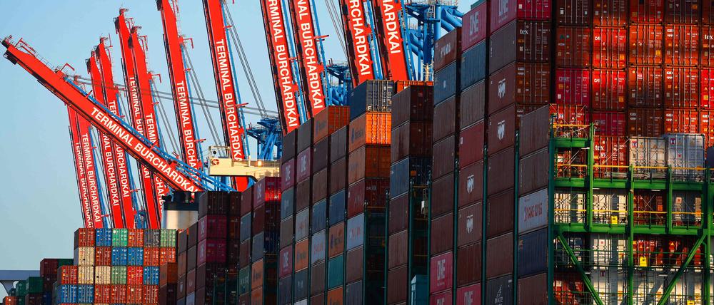 ARCHIV - 14.07.2022, Hamburg: Containerschiffe liegen im Waltershofer Hafen am Container Terminal Burchardkai (CTB) der HHLA (Hamburger Hafen und Logistik AG). Die exportorientierte deutsche Wirtschaft bekommt derzeit auch die Schwäche der Weltwirtschaft zu spüren. (Zu dpa "Konjunkturflaute: Nicht nur Inflation und höhere Zinsen belasten") Foto: Christian Charisius/dpa +++ dpa-Bildfunk +++