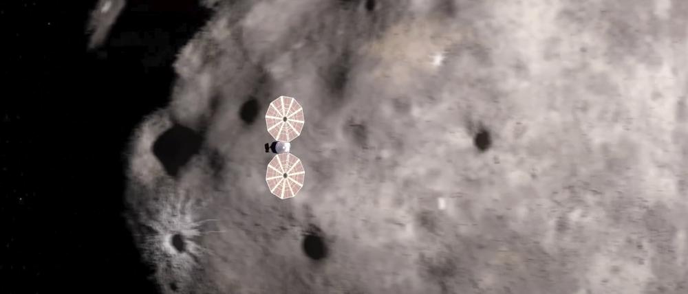 Dieses Bild aus einer von der Nasa bereitgestellten Videoanimation zeigt die Annäherung der Raumsonde „Lucy“ an einen Asteroiden.