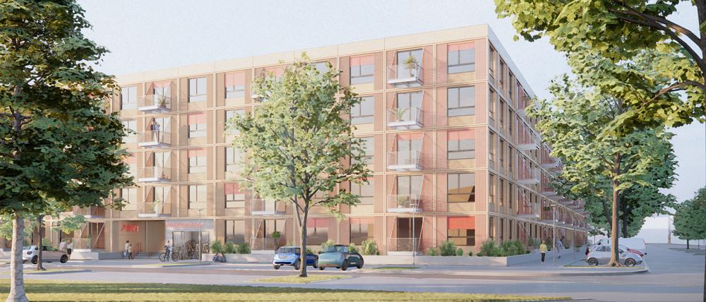 Visualisierung Neubau der Pro Potsdam Slatan-Dudow-Straße, 230 Wohnungen, Gebäude als Holzhybridkonstruktion, "Kollektiver Block“ von blrm Architekt*innen