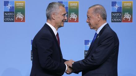 Nato-Generalsekretär Jens Stoltenberg und der türkische Recep Tayyip Erdogan beim Nato-Gipfel in Vilnius, Litauen, am 11. Juli 2023.