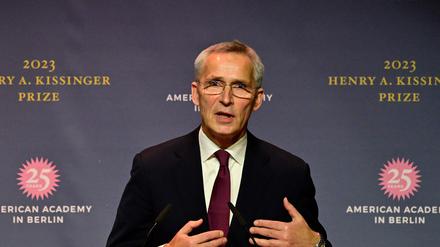 Jens Stoltenberg, Secretary General of the North Atlantic Treaty Organization (NATO), this year's recipient of the Henry A. Kissinger Prize, speaks during the event at the Deutsche Telekom Representative Office in Berlin on November 10, 2023. (Photo by John MACDOUGALL / AFP)