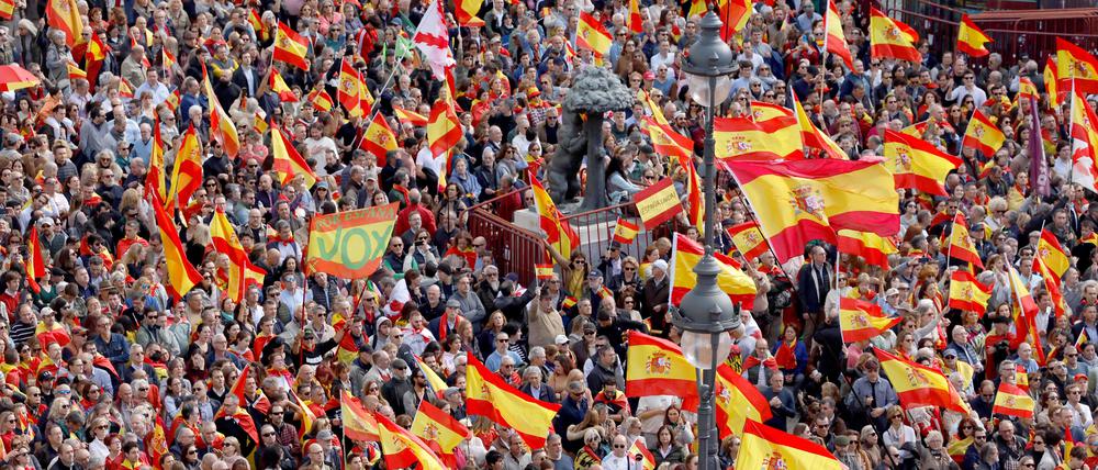Demonstrierende am Sonntag auf der Puerta del Sol, in der Mitte das Stadtsymbol “El Oso y el Madrono“.