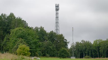 17.08.2023, Rheinland-Pfalz, Mehren: Zwei Funkmasten stehen am Waldrand im Westerwald. 
