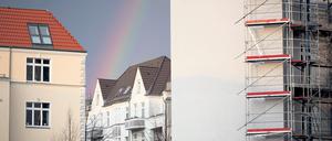 Altbau Regenbogen über Altbau in Berlin Friedrichshain. Im Vordergrund wird ein Gebäude saniert.