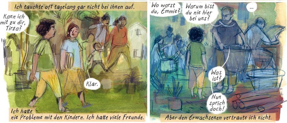 Zeichnungen von Barbara Yelin aus dem Buch "Emmie Arbel"