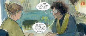 Barbara Yelin und Emmie Arbel im Gespräch: Eine Seite aus „Emmie Arbel – Die Farbe der Erinnerung“, gezeichnet von Barbara Yelin.
