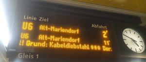 Die U-Bahn-Linie U6 kann wegen Kabeldieben derzeit nur eingeschränkt fahren.