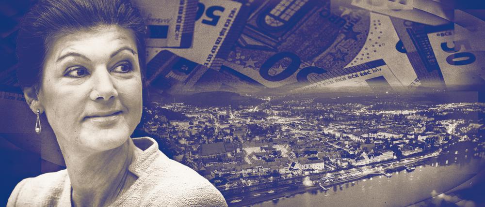 Sahra Wagenknecht, im Hintergrund die Stadt Pirna