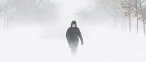 Eine Person geht bei starkem Wind und Schneeböen am 24.12.2022 durch die Central Experimental Farm in Ottawa. 
