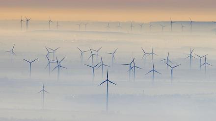 Windkraftanlagen ragen bei guter Fernsicht aus Nebel bei Petersberg (Sachsen-Anhalt) hinaus.  