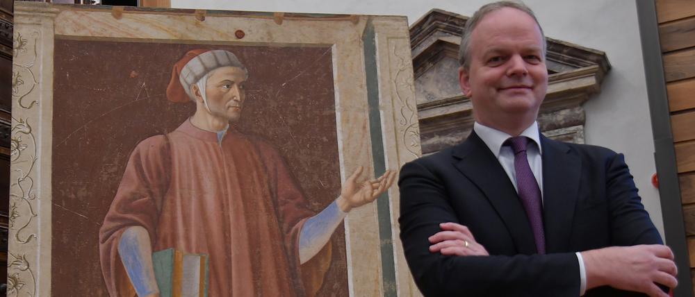 Eike Schmidt director of Uffizi Gallery during the presentation of the restoration of the portrait of Dante Alighieri by Andrea del Castagno ,Florence, ITALY-18-03-2021.