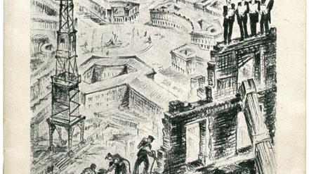 Zum seit 1844 begangenen Schinkelfest des Architektenvereins gehörte auch Gesang. Die Texthefte wurden häufig von Vereinsmitgliedern grafisch gestaltet. Motiv des letzten Liederhefts 1939 war der sog. Runde Platz im Tiergarten als Teil von Albert Speers Achsenplanung für die Reichshauptstadt Germania. Im Vordergrund: das Vereinshaus des AIV in der Viktoriastraße, das für die Achse abgebrochen werden musste.