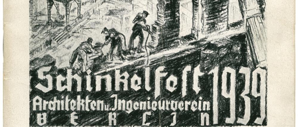 Zum seit 1844 begangenen Schinkelfest des Architektenvereins gehörte auch Gesang. Die Texthefte wurden häufig von Vereinsmitgliedern grafisch gestaltet. Motiv des letzten Liederhefts 1939 war der sog. Runde Platz im Tiergarten als Teil von Albert Speers Achsenplanung für die Reichshauptstadt Germania. Im Vordergrund: das Vereinshaus des AIV in der Viktoriastraße, das für die Achse abgebrochen werden musste.