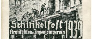 Zum seit 1844 begangenen Schinkelfest des Architektenvereins gehörte auch Gesang. Die Texthefte wurden häufig von Vereinsmitgliedern grafisch gestaltet. Motiv des letzten Liederhefts 1939 war der sog. Runde Platz im Tiergarten als Teil von Albert Speers Achsenplanung für die Reichshauptstadt Germania. Im Vordergrund: das Vereinshaus des AIV in der Viktoriastraße, das für die Achse abgebrochen werden musste.