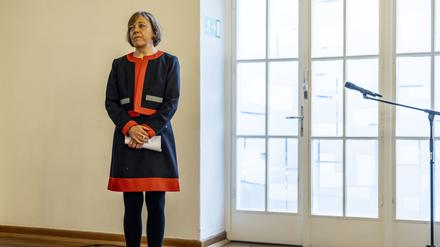 Die ehemalige EKD-Ratsvorsitzende Annette Kurschus bei ihrer Rücktrittserklärung im November 2023. 