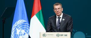 Der lettische Präsident Edgars Rinkevics am 1. Dezember bei einer Rede auf der Klimakonferenz COP28 in Dubai.