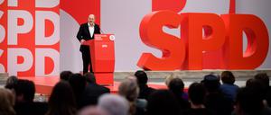 Bundeskanzler Olaf Scholz während seiner Rede beim SPD-Parteitag am Samstag.
