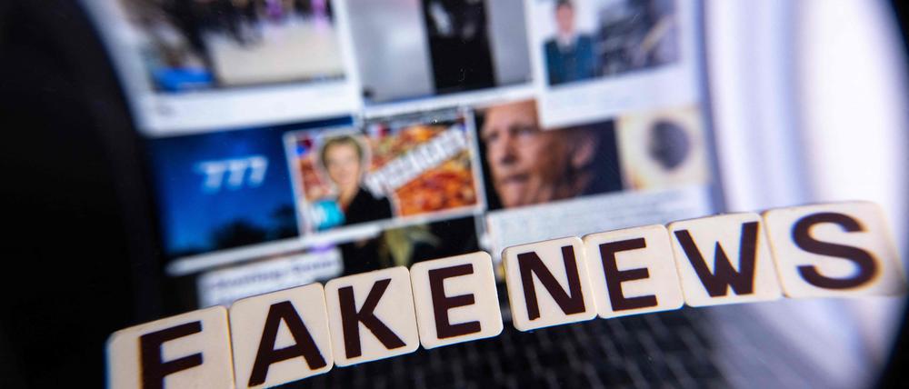 Illustration eines Computerbildschirms mit verschiedenen Websites und dem Schriftzug „Fake News“. (Symbolbild)