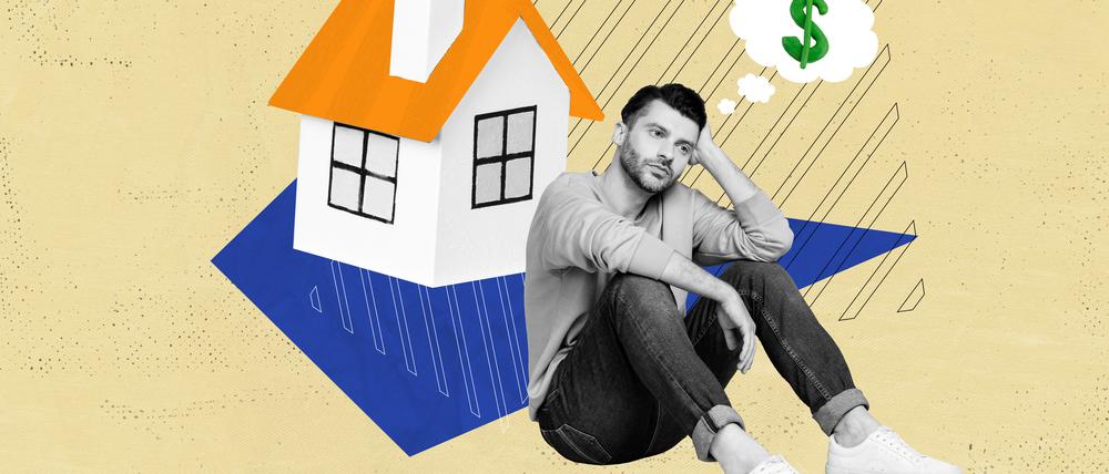 Collage artwork sketch of minded sad dreamy guy think earn money want buy own flat apartment isolated on drawing background.