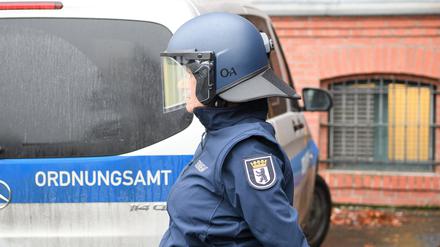 Bisher nur beim Pressegespräch getragen: Eine Mitarbeiterin des Ordnungsamtes Reinickendorf zeigt den neuen Schutz- und Einsatzhelm im Dezember 2023.