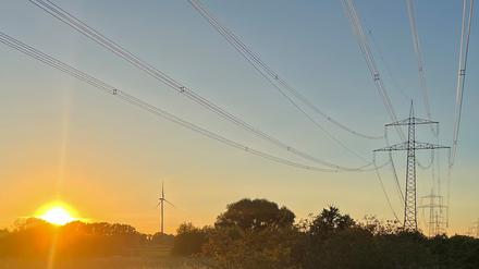 Strommasten stehen im Bucher Forst neben einem Windrad im Sonnenuntergang. 