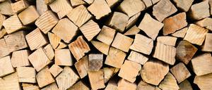  Kammergetrocknetes Buchen-Brennholz wird in einem Unterstand gelagert.