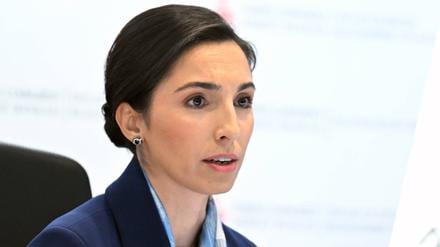 Hafize Gaye Erkan bei einem Pressetermin in Ankara am 27. Juli 2023.