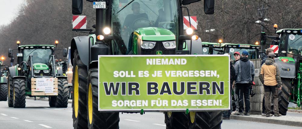 Die Straße des 17. Juni war zeitweise vom Brandenburger Tor bis zur Siegessäule mit geparkten Traktoren versperrt.