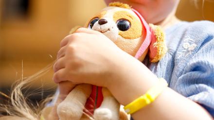 Ein Mädchen mit einem Paw-Patrol-Stofftier.